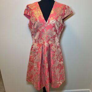 Vince Camuto Coral and Gold Brocade Fir and flare dress size 12
